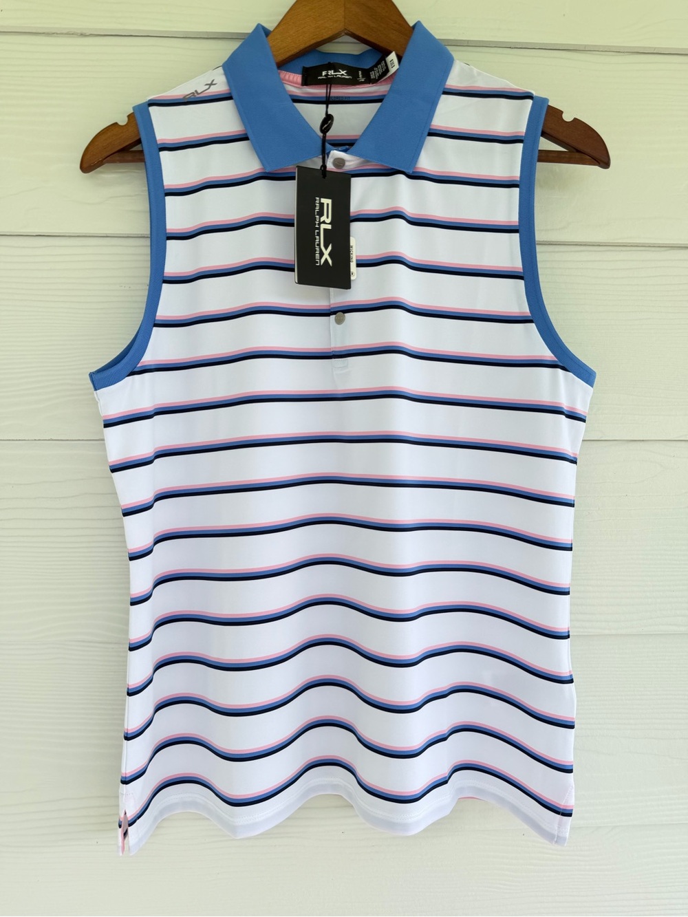 NWT RLX Ralph Lauren Women’s Sleeveless Golf Polo Shirt Striped White Sz L